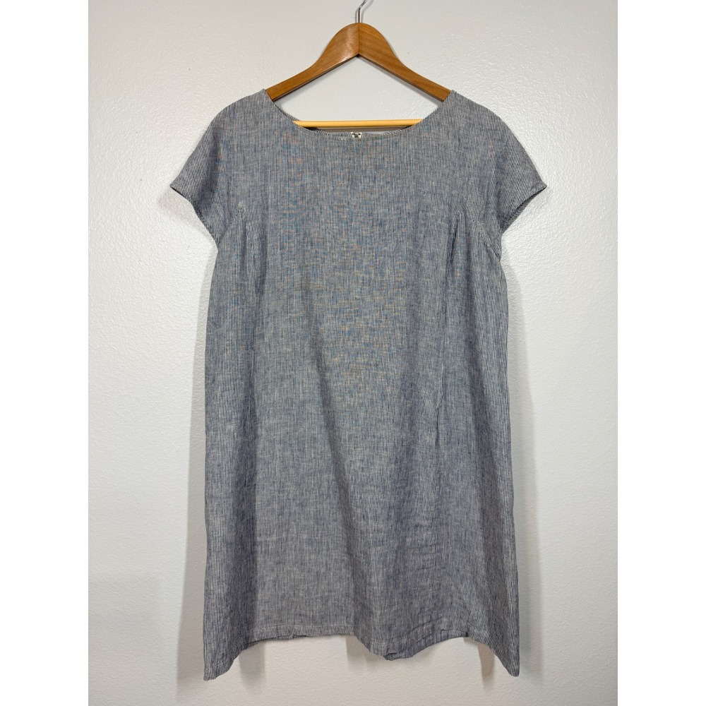 Eileen Fisher Shift Dress Women Large Blue Hemp Organic Cotton Stripe Minimalist